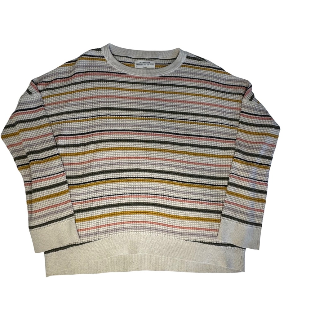 REI Co-op Womens XL Waffle Knit Striped Cotton Sweater Crewneck Earthy Tones